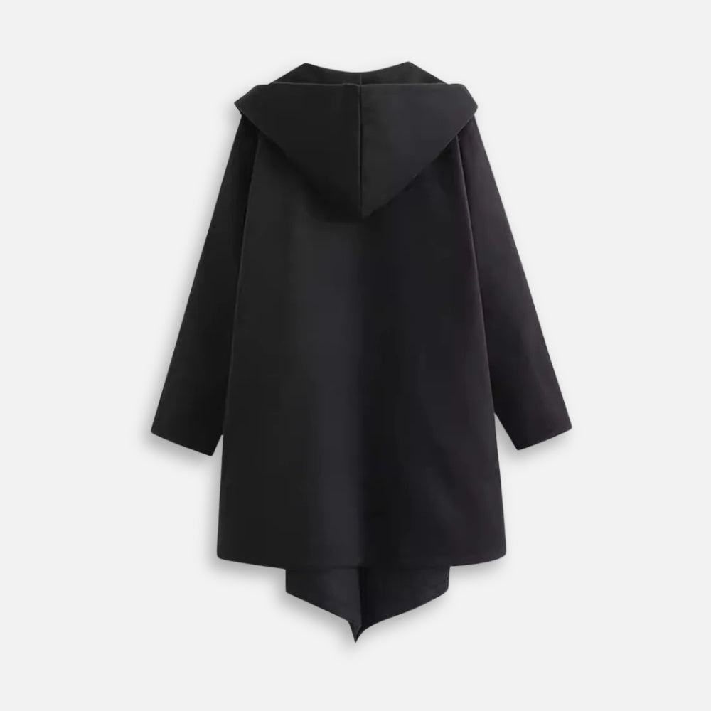 Cape poncho à capuche femme noire manches longues vue de dos sur fond blanc