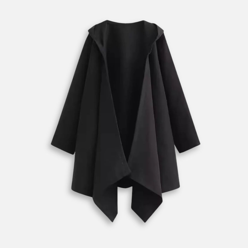 Cape poncho noire à capuche femme avec manches longues ouvertes vue de dos
