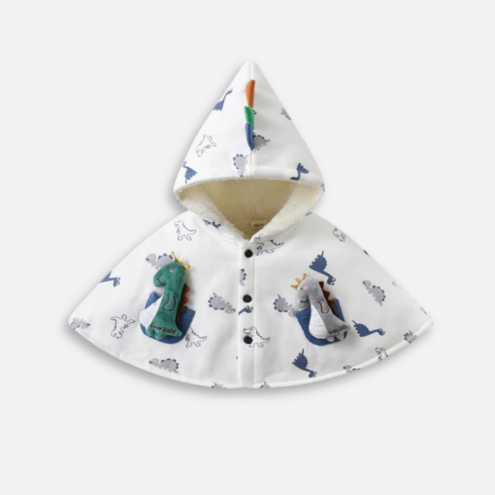 Cape poncho bébé coton blanc à capuche dinosaure, doublée polaire, avec appliqués dinosaures colorés