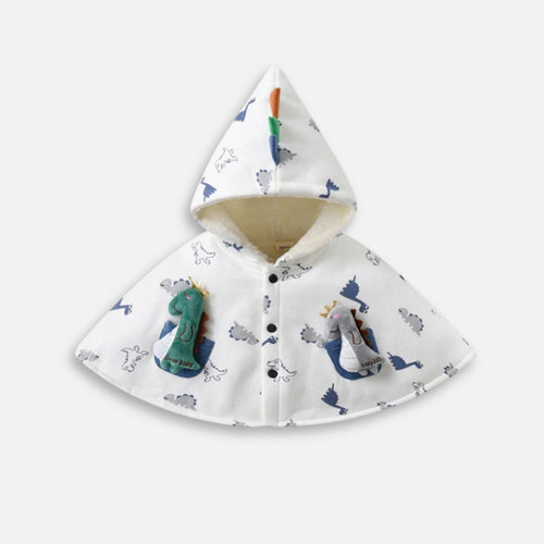 Cape poncho bébé coton blanc à capuche dinosaure, doublée polaire, avec appliqués dinosaures colorés