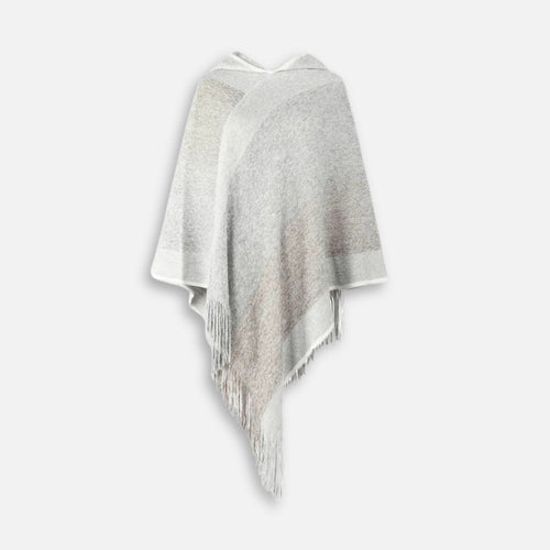 Cape poncho coton gris clair avec capuche et franges, présentée à plat sur fond blanc