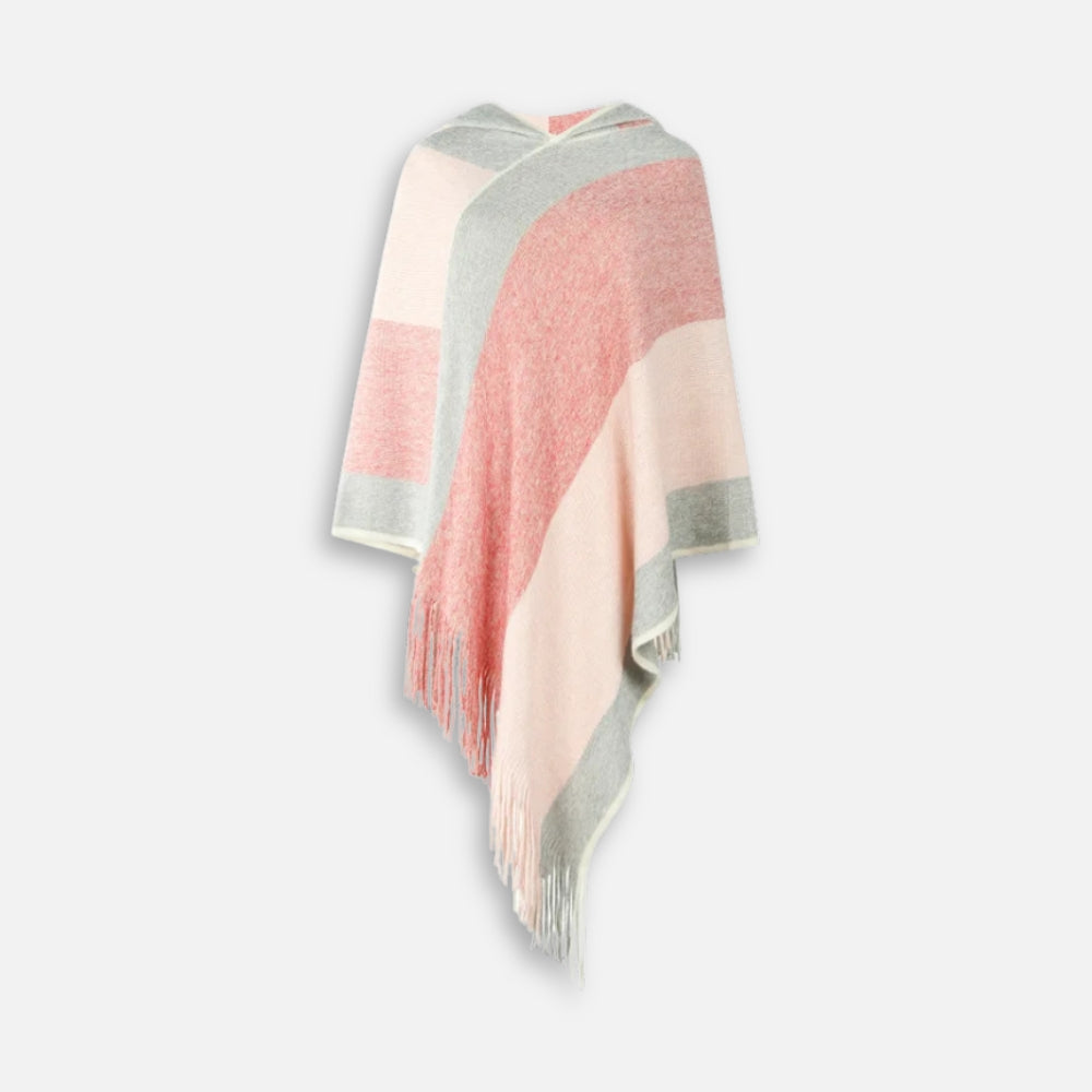 Cape poncho coton à capuche et franges, coloris rose crème gris, vue de face
