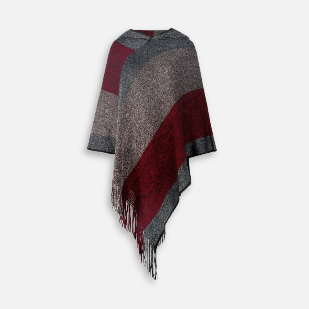 Cape poncho à capuche gris et bordeaux avec franges, à carreaux géométriques, vue de face