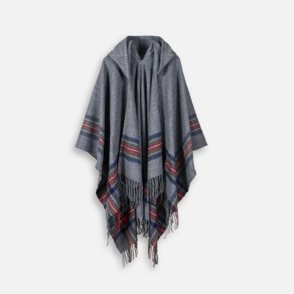 Cape poncho gris coton avec capuche, rayures rouges bleu marine, franges, unisexe