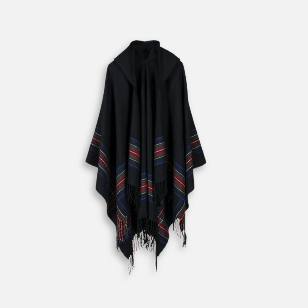 Cape poncho noir coton avec capuche et franges, rayures colorées multicolores visibles