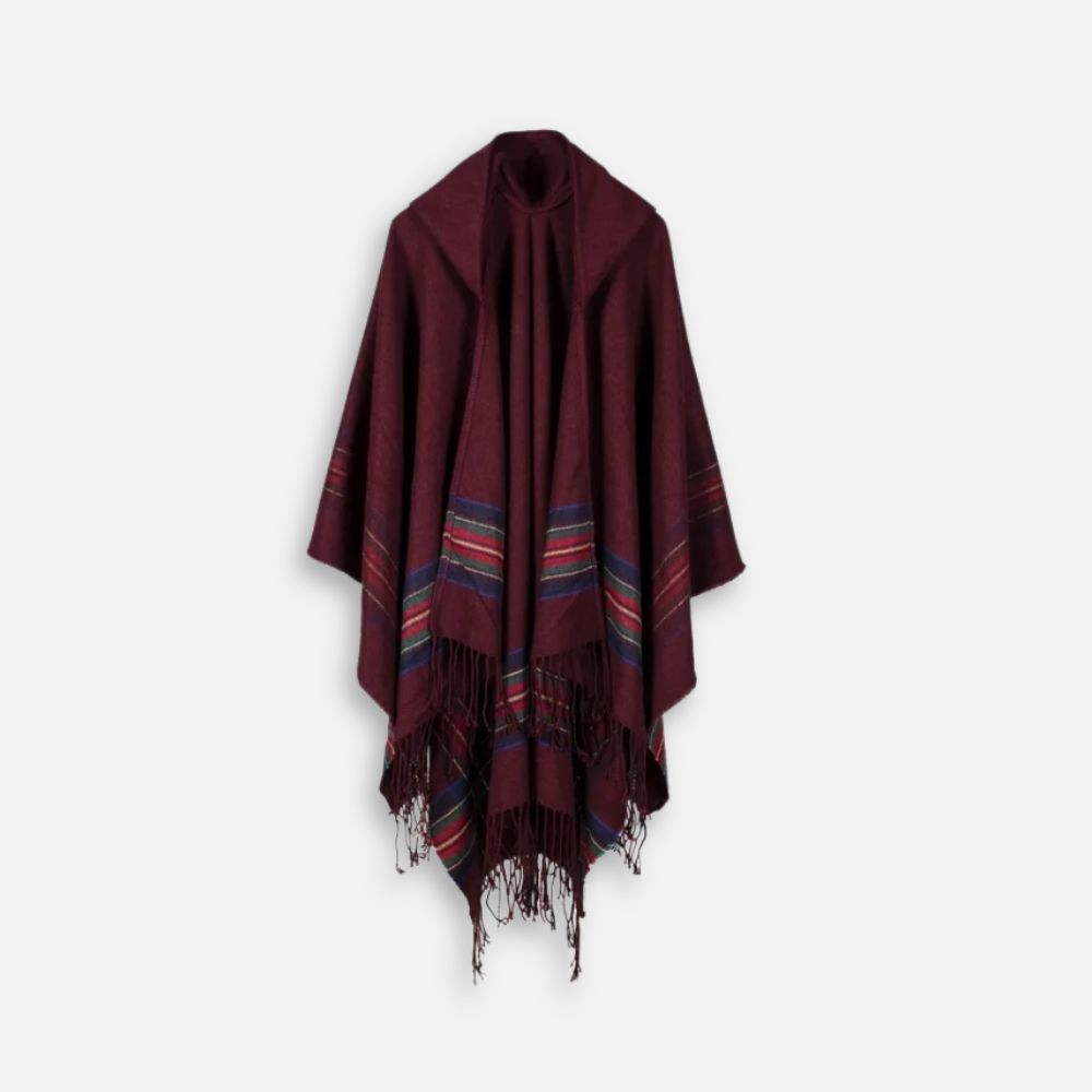 Cape poncho coton bordeaux capuche avec rayures colorées et franges