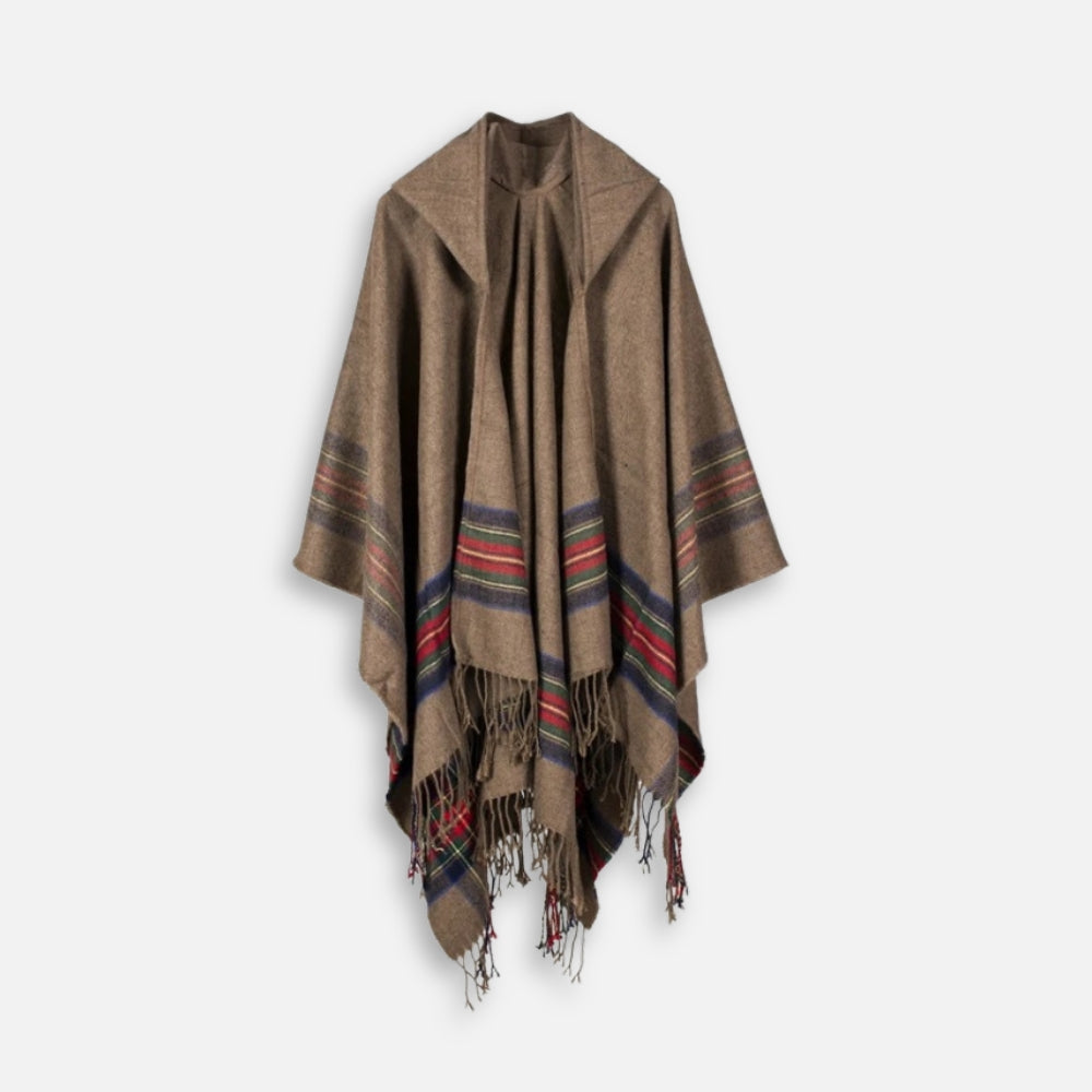 Cape poncho coton beige avec capuche, franges et rayures colorées, vue de face