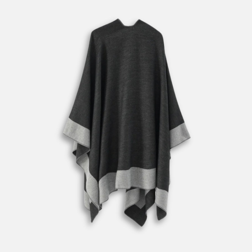Cape poncho femme bicolore noir et gris avec passant de maintien, vue de face