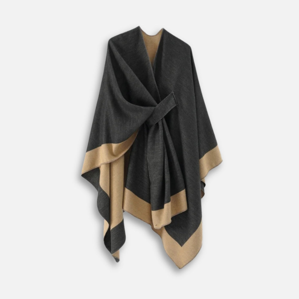 Cape poncho coton bicolore gris et beige avec passant de maintien, vue de face