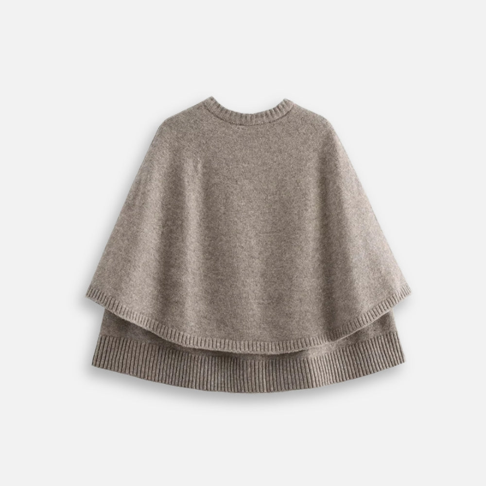 Cape poncho en coton beige col rond double épaisseur avec boutons vue de face