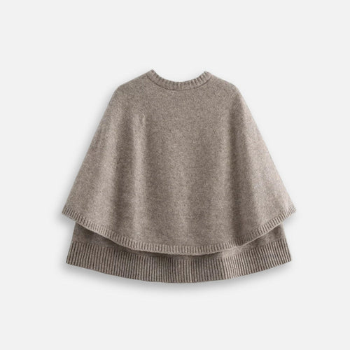 Cape poncho en coton beige col rond double épaisseur avec boutons vue de face