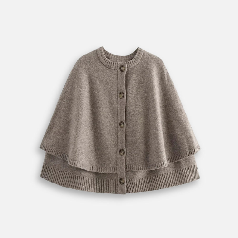 Cape poncho femme coton beige boutonné col rond double épaisseur vue de face