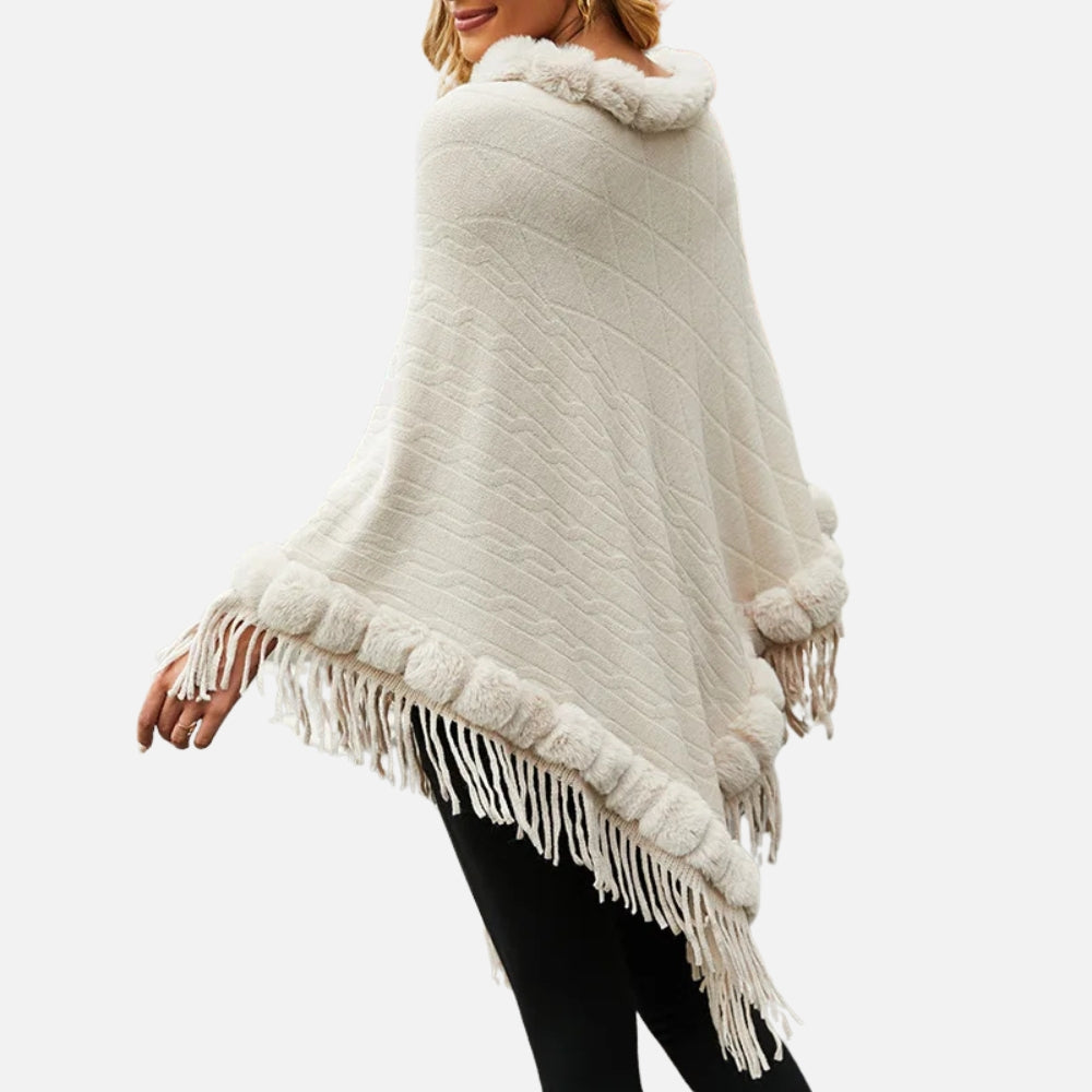 Cape poncho coton écru femme col fourrure franges, vue dos portée