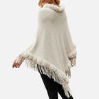Cape poncho coton écru femme col fourrure franges, vue dos portée