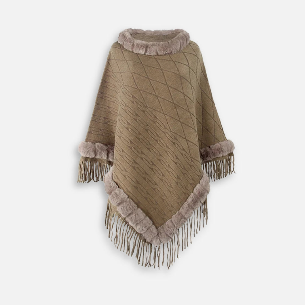 Cape poncho coton beige col fourrure franges taille unique vue de face