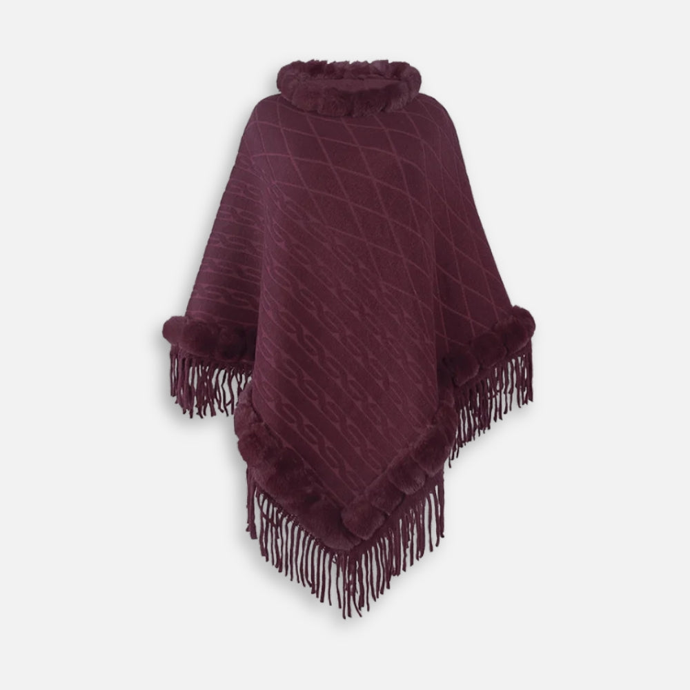Cape poncho coton bordeaux col fourrure avec franges, vue de face sur mannequin