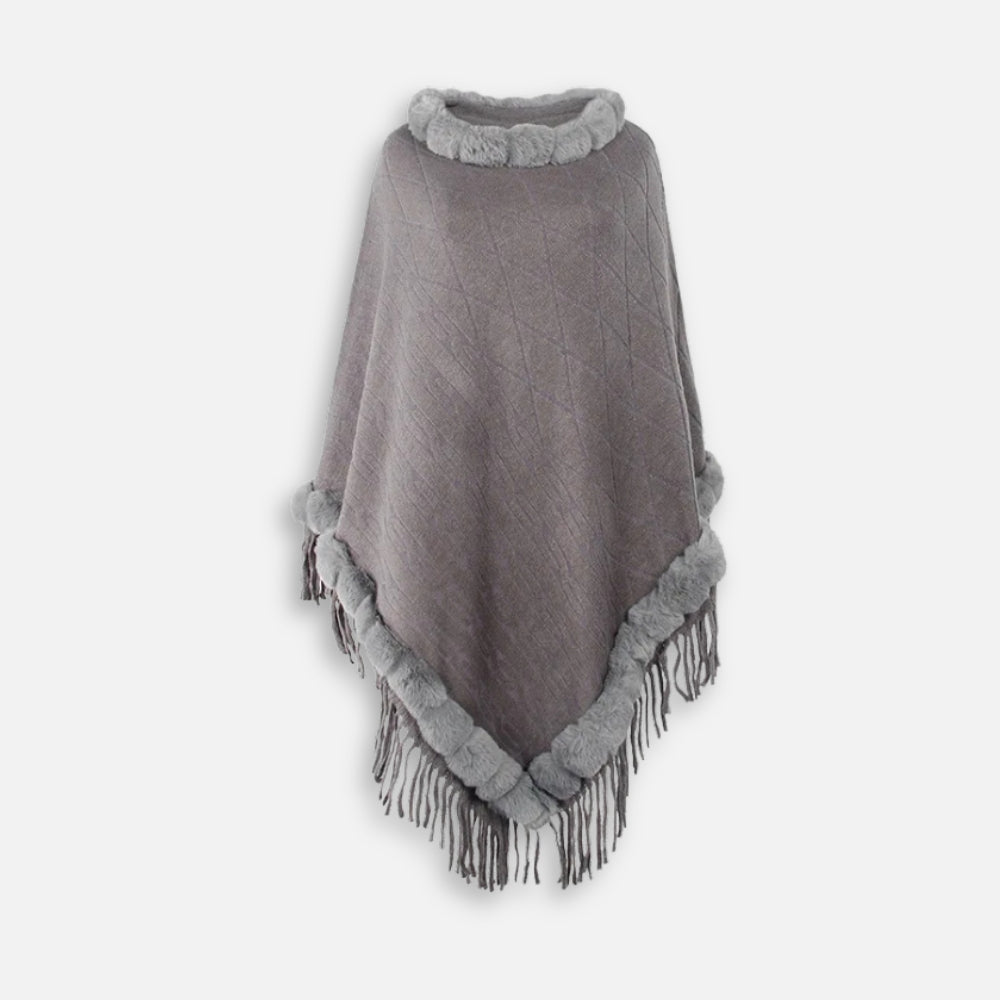 Cape poncho gris coton col fourrure franges vue de face taille unique