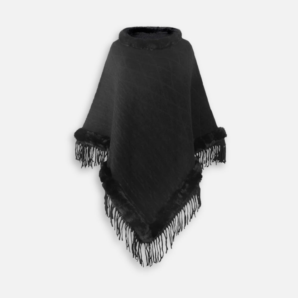 Cape poncho coton noir col fourrure avec franges, taille unique femme