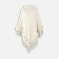 Cape poncho coton écru femme col fausse fourrure franges, vue de face sur mannequin