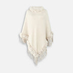 Cape poncho coton écru femme col fausse fourrure franges, vue de face sur mannequin