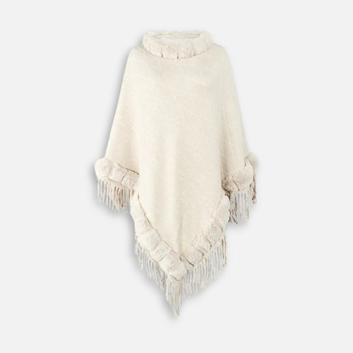 Cape poncho coton écru femme col fausse fourrure franges, vue de face sur mannequin