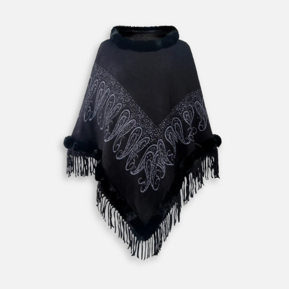 Cape poncho coton noir femme col fourrure franges paisley vue de face