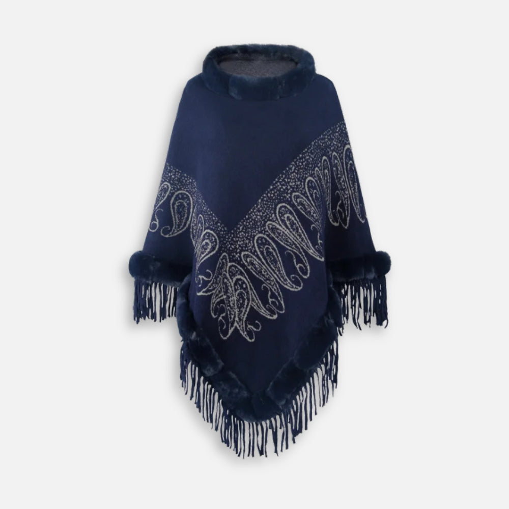 Cape poncho femme bleu marine col fourrure franges paisley gris coton