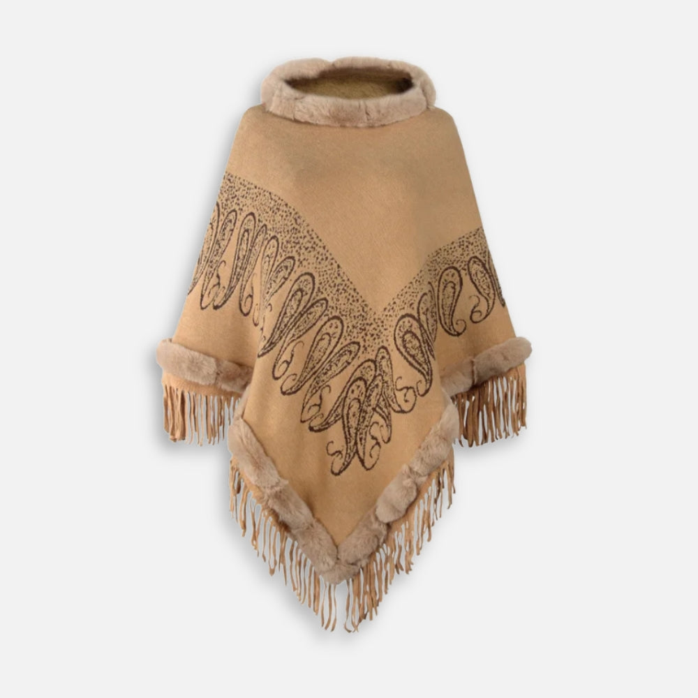 Cape poncho femme coton beige col fourrure franges motif paisley vue de face