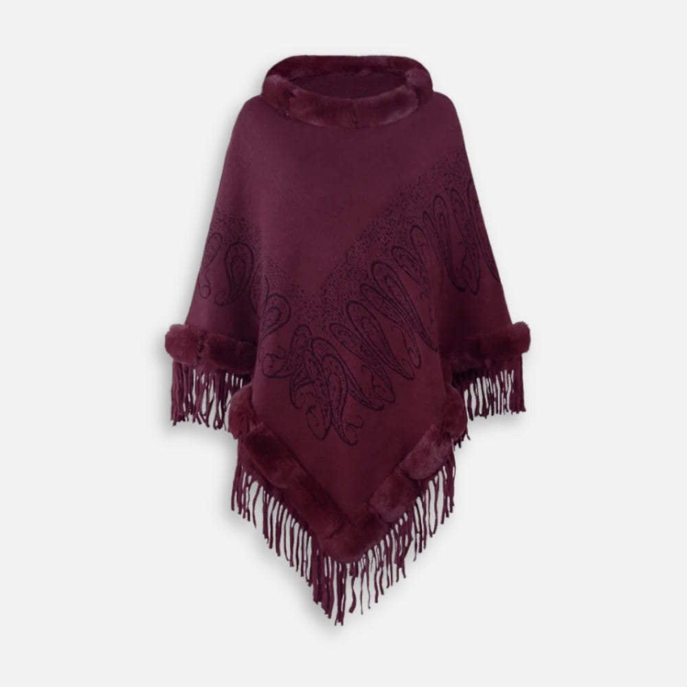Cape poncho coton bordeaux femme col fourrure franges motif paisley brodé vue de face