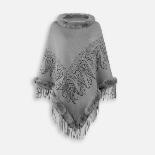 Cape poncho coton gris femme col fourrure franges paisley vue de face
