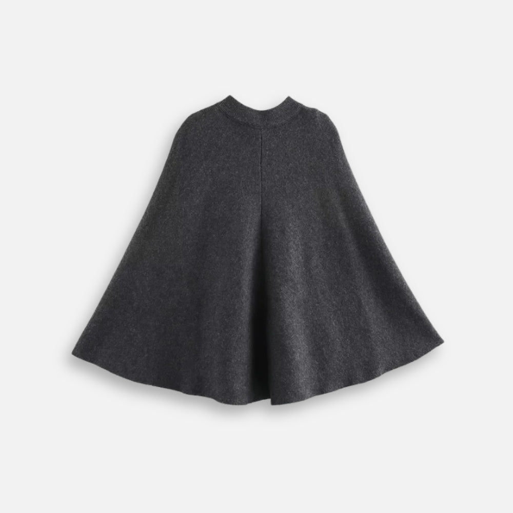 Cape poncho femme gris anthracite col montant avec boucle métal, vue de face à plat