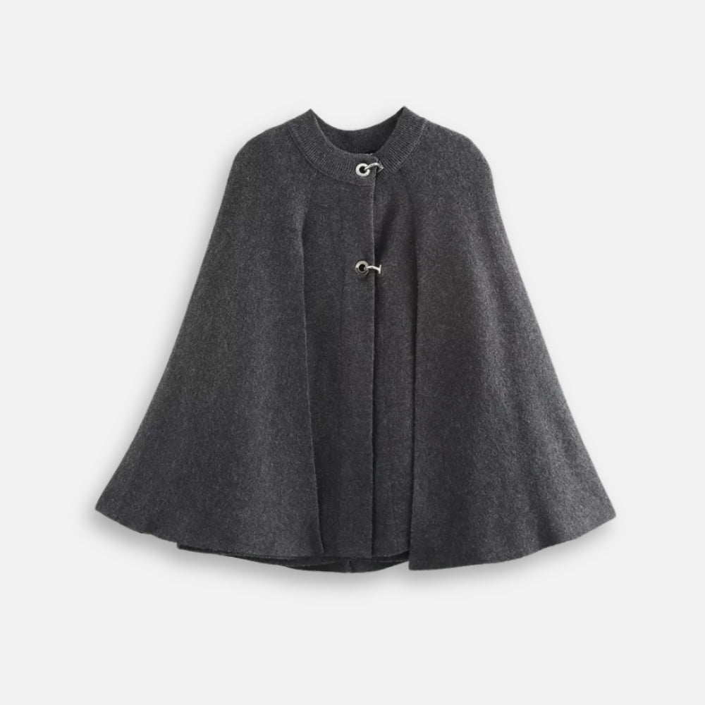 Cape poncho en coton gris anthracite avec col montant et boucles métal, vue de face