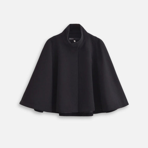 Cape poncho coton noir femme col montant manches cape vue de face