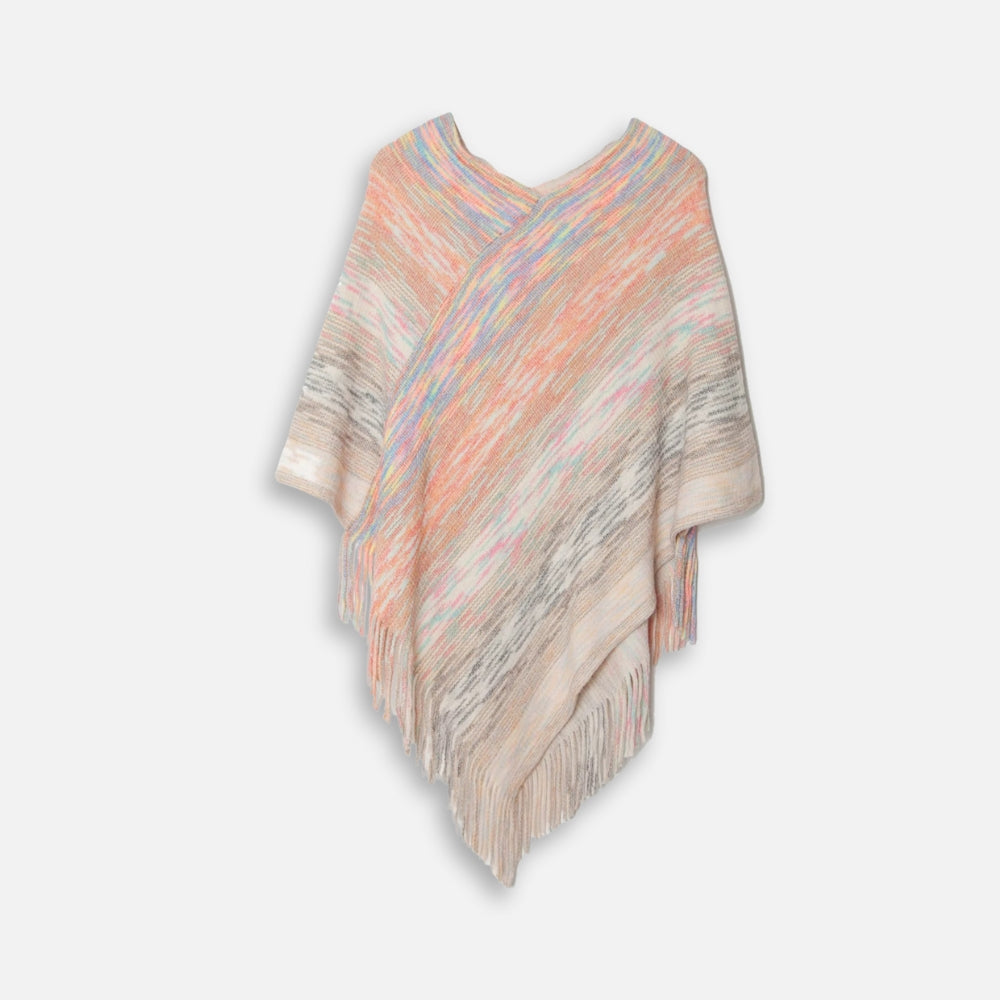 Cape poncho femme coton col V rayures multicolores avec franges tricot rose chiné