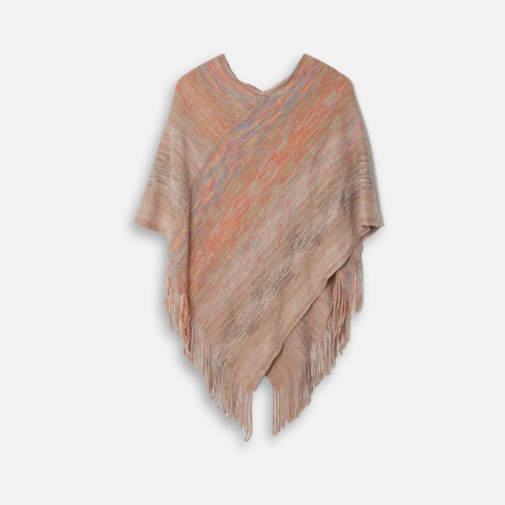Cape poncho coton femme col V franges tricot rose chiné vue de face à plat