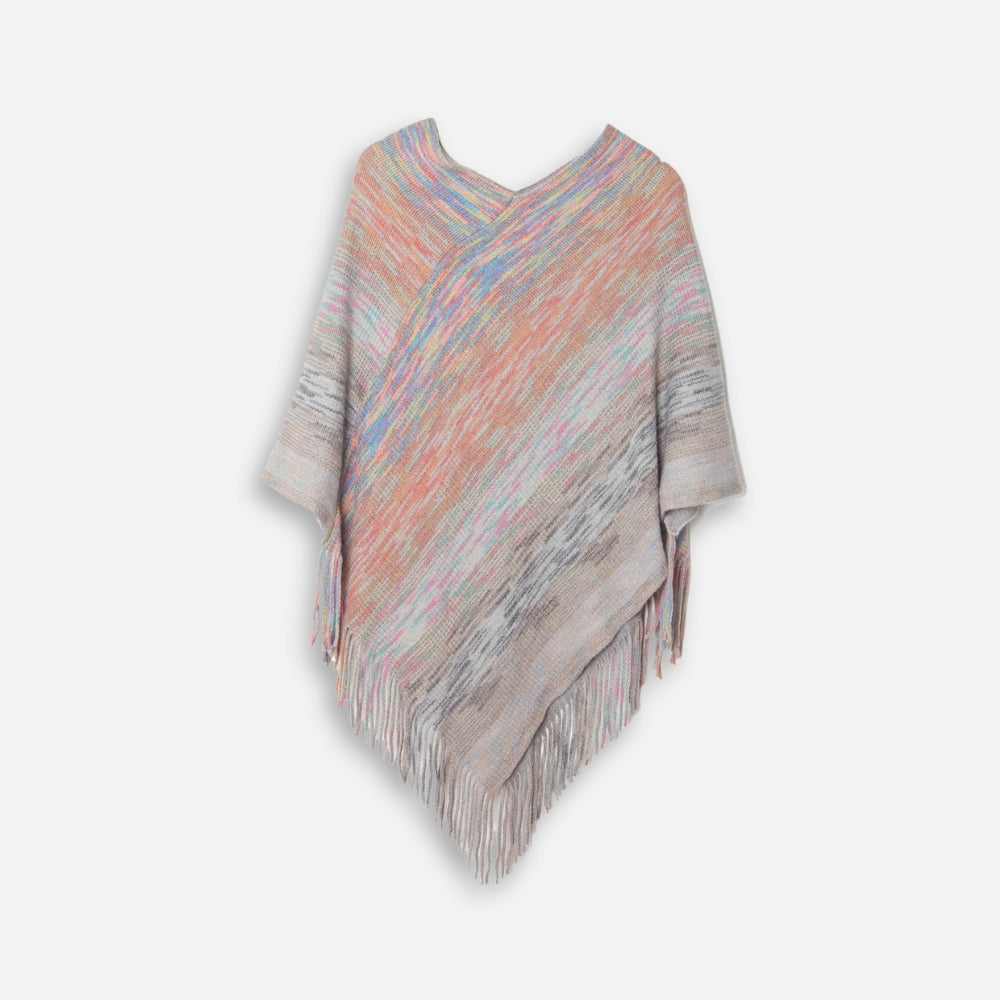Cape poncho femme coton col V rayures multicolores franges tricot rose chiné vue de face