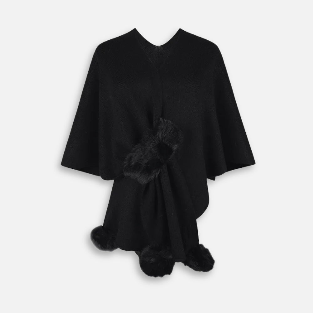 Cape poncho noir femme coton avec pompons fausse fourrure sans manches
