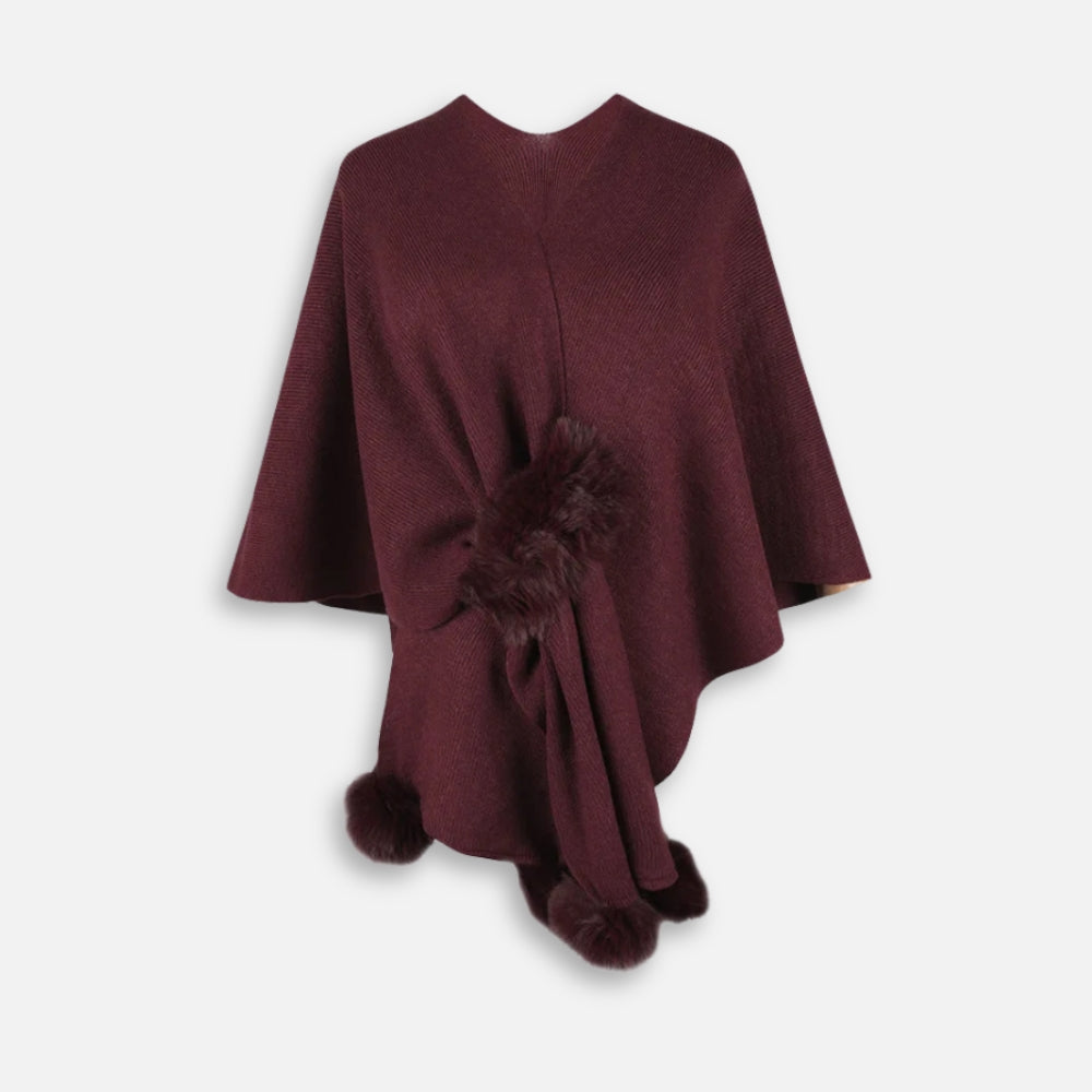 Cape poncho coton bordeaux femme avec pompons fausse fourrure, vue de face sans manches