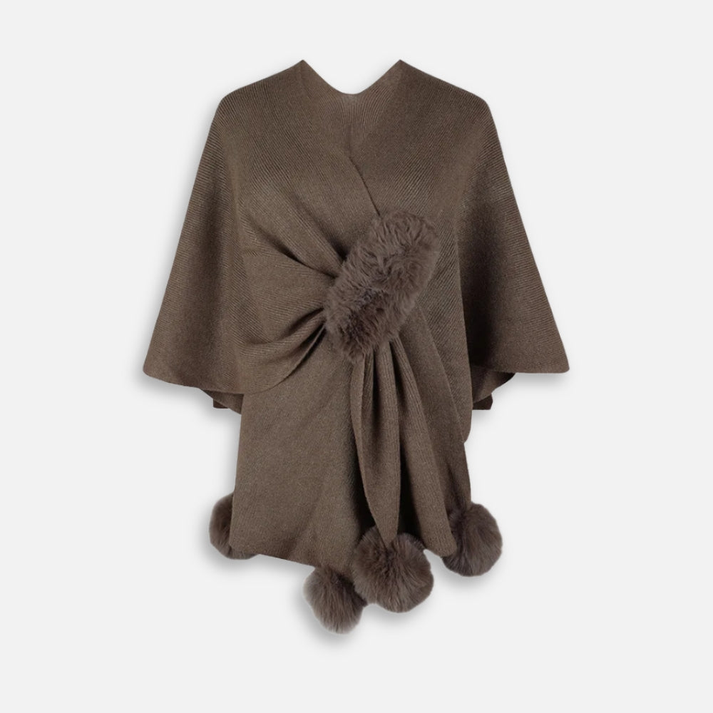 Cape poncho coton taupe femme sans manches avec pompons fausse fourrure