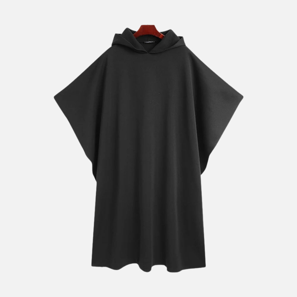Cape poncho coton noir homme avec capuche, coupe longue jusqu'aux genoux, vue de face