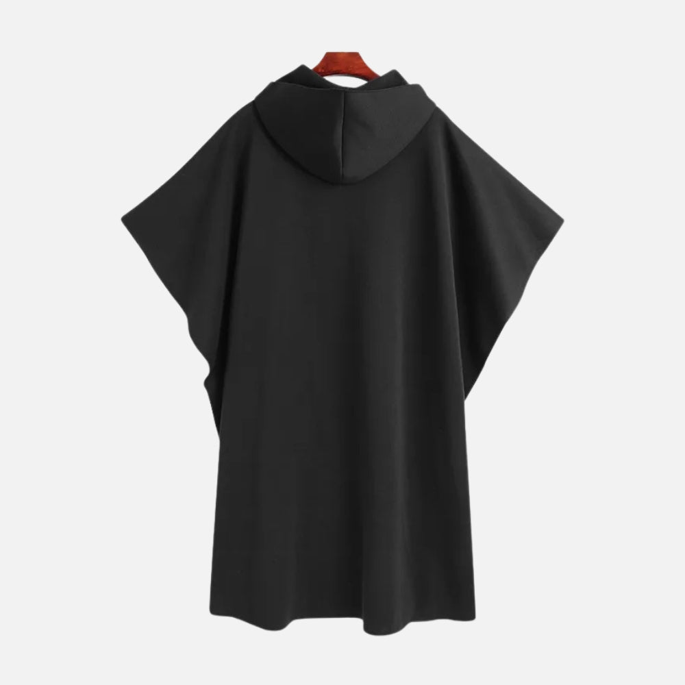 Cape poncho coton noir homme capuche vue de dos coupe longue jusqu'aux genoux