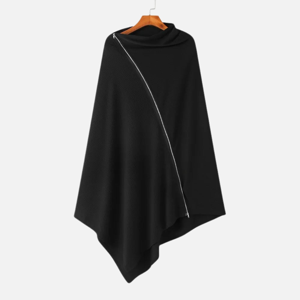 Cape poncho coton noir homme col montant avec fermeture éclair diagonale, suspendue sur cintre