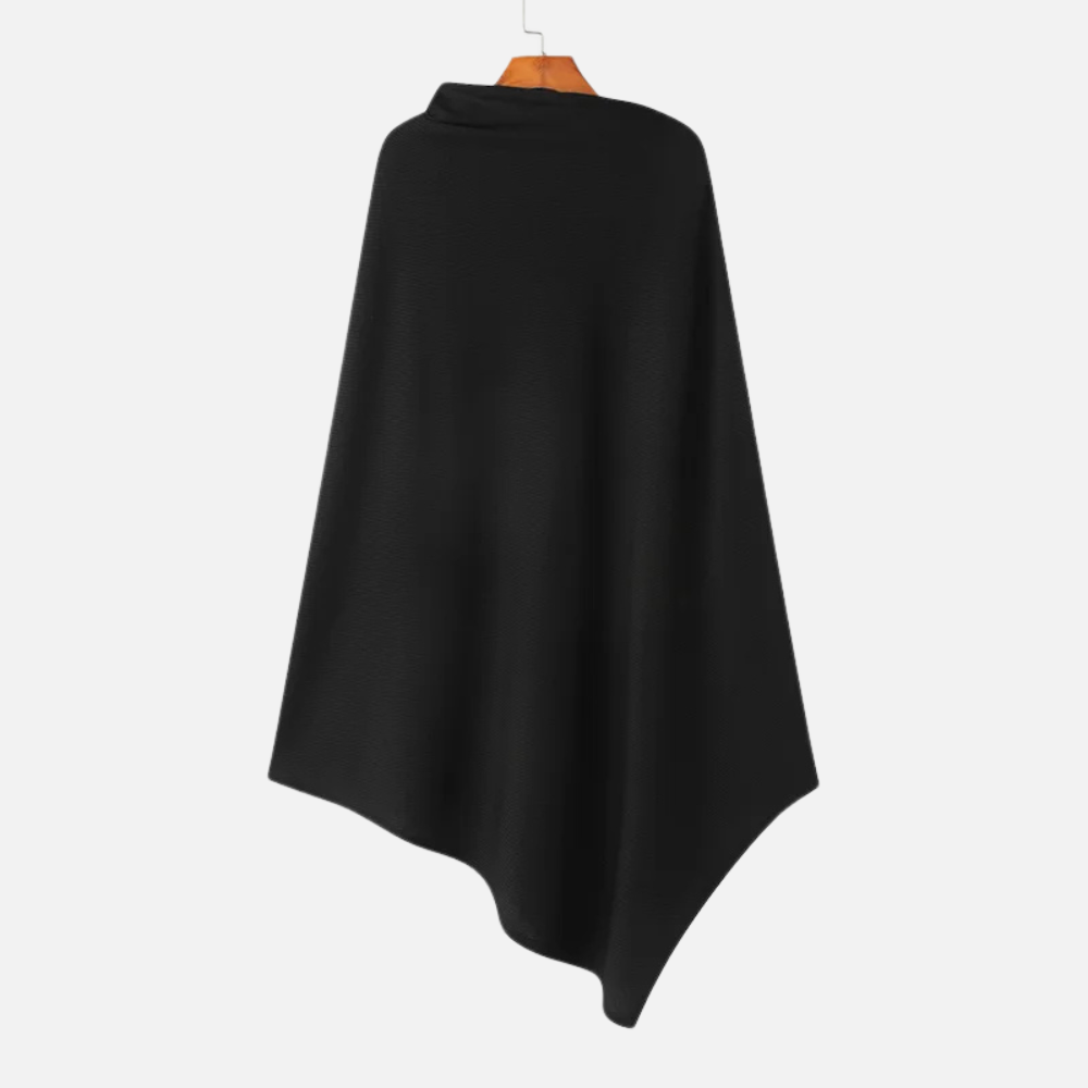 Cape poncho coton noire avec col montant et zip diagonal, vue de dos sur cintre