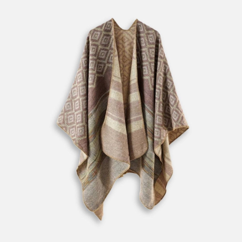 Cape poncho femme coton beige motifs géométriques mexicains ouverte vue de face