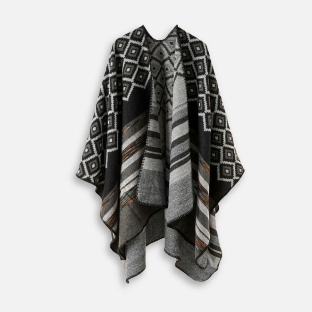 Cape poncho femme coton motifs géométriques mexicains noirs blancs gris ouverte