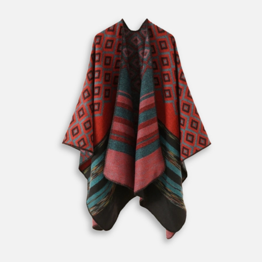 Cape poncho coton femme rouge motifs géométriques mexicains ouverte présentée à plat