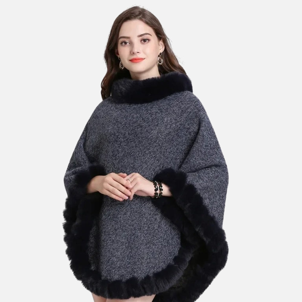 Cape poncho femme grise col montant fourrure noire bords fourre