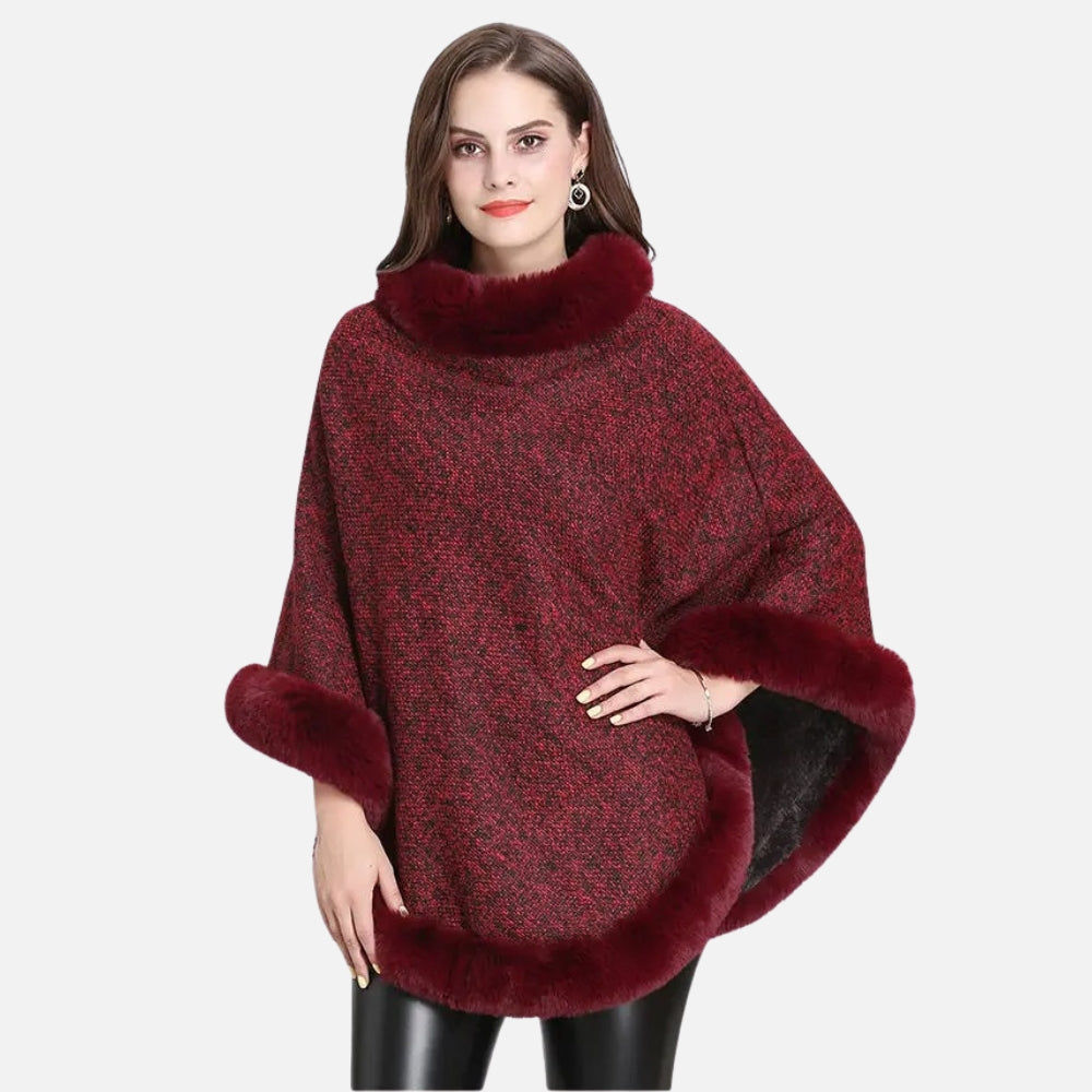 Cape poncho femme bordeaux col montant avec bordure fourrure, maille coton portée de face
