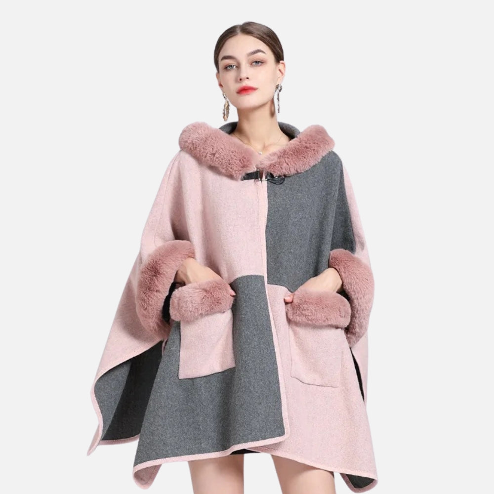 Cape poncho femme bicolore rose et gris avec capuche et col en fourrure