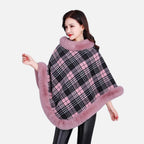 Cape poncho femme carreaux rose gris noir finitions fourrure col doublure polaire